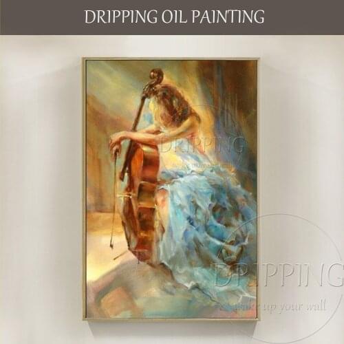Impressionist Art Painter Handmade High Quality Lady and Cello Oil Painting on Canvas Beautiful Portrait and Cello Oil Painting