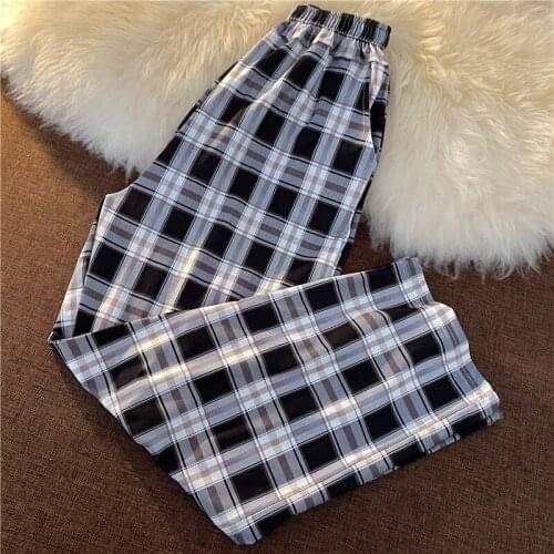 Plaid Casual Ninth Pants Womens Elastic Waist Korean Casual Sports Wide-leg Pants