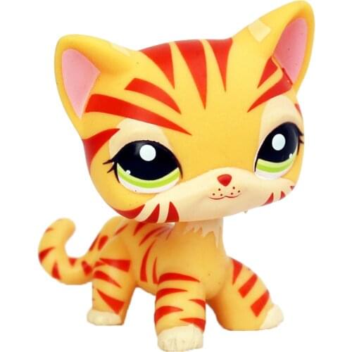 LPS CAT Real rare pet shop toys standing #1451 yellow short hair cat orange striped Tiger Kitty child gifts