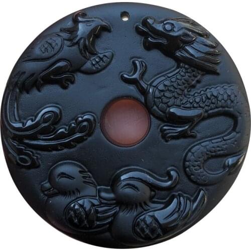 Natural Obsidian Dragon and Phoenix mandarin duck Safety buckle Pendant Jewelry Fine Jewelry Prosperous marriage Crystal Pendant