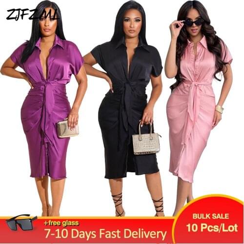 Bulk Items Wholesale Lots Womens Dress 2021 Chic Fashion Button-up Short Sleeve Party Dresses Elegant High Waist Pencil Robe