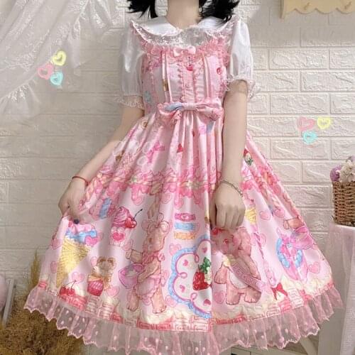 Japanese Sweet Lolita Dress"Bubble Bear JSK" Pink Dream Style Cute Tea Party Princess Gothic Kawaii Suspender Victorian Dress