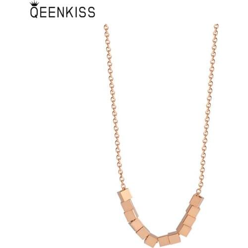 QEENKISS NC730 Fine Jewelry Wholesale Fashion Trendy Woman Girl Birthday Wedding Gift Cube Beads 18KT Rose Gold Pendant Necklace