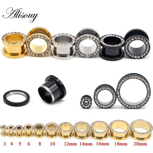Alisouy 2pcs Ear Expansion Black Gold color Stainless Steel Crystal Ear Expander Septum Ear Plugs Tunnels Body Piercing Jewelry