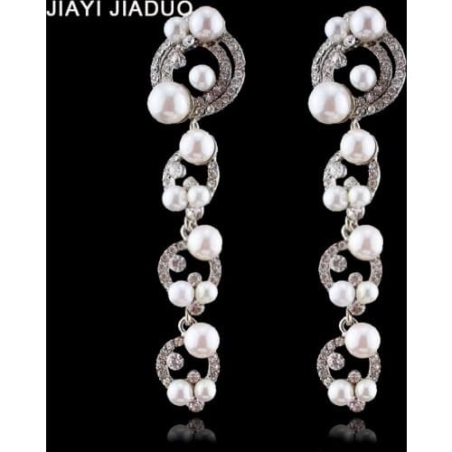 Jiayijiaudo Luxury Simulated Pearl Long Earrings for Women Silver Color Plant Crystal Pendants Drop Earrings Wedding Jewelry
