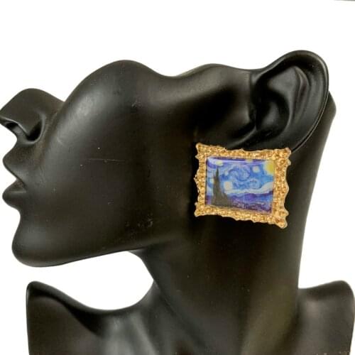2020 New Design Stud Earrings For Women Oil Painting Vintage Art Jewelry Van Gogh Starry Night Gold Exaggerated Square Gifts