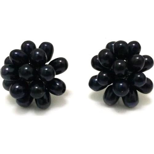 1 inches AAA 5-6mm Black Natural Rice Pearl Cluster Earring