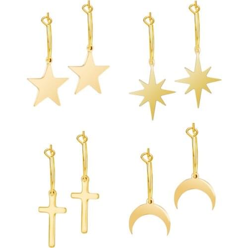 Trendy Gold Moon Star Hoop Earrings For Women Stainless Steel Thin Circles Cross Charming Hoops Earrings Jewelry Gift Wholesale