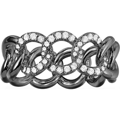 SOELLE Fashion Rock 925 Sterling Silver Black Grey Chain Link Finger Ring Micro Cubic Zirconia Women Gothic Collection Jewelry
