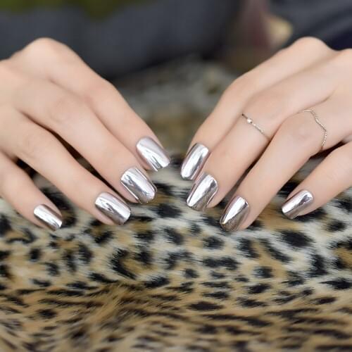 Mirror Short Cool Fake Nail Metal Simple Square Full Cover False Nail Salon Beauty Popular Artificial Nails
