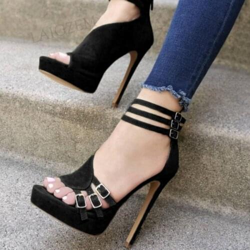 BERZIMER Women Platform Sandals Open Toe Ankle Straps Stiletto Heels Pumps Faux Suede Female Shoes Woman Large Size 44 48 50 52