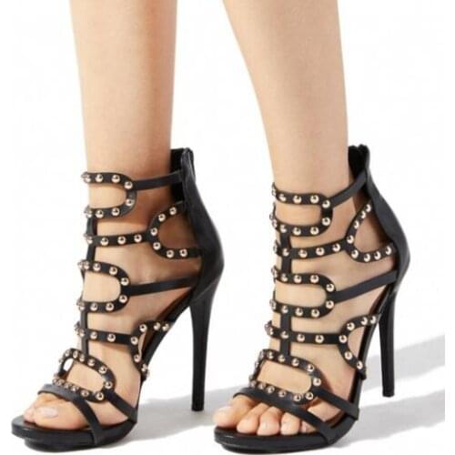 Moraima Snc Black Studded Sandals Cadged Stiletto Heel Sandals Summer Open Toe Black Leather Woman Shoes Cutouts Sandals