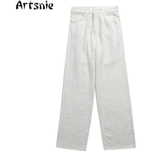 Artsnie Summer 2021 Hollow Out Jeans Women White Casual Loose Straight Denim Pants Streetwear Pockets Ladies Long Pants Jeans