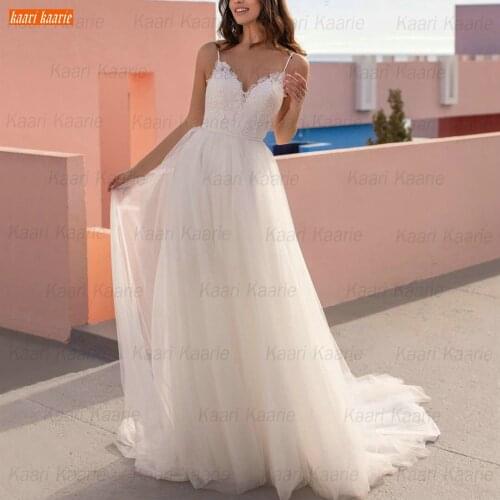 Sexy Boho Wedding Dresses 2021 Vestido De Novia Backless Appliques Tulle A Line Hochzeitskleid Spaghetti Strap Women Bride Gowns
