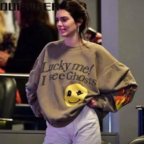 Dueweer Women Sweatshirts Hoodies Kendall Jenner I See Ghosts Hip Hop Pullover Kardashian Graffiti Flame Streetwaear Sweatshirt