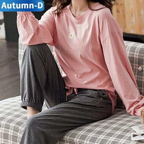 Womens Pajama Set Long Sleeved Cotton Sleepwear Trouser Suit Female Pijama Spring Autumn Loose Home Clothes Plus Size Nightgown