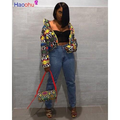 HAOOHU Snake Skin Print Winter Jacket Women Plus Size Clothing Down Bubble Coat Warm Thick Parka Outerwear Crop Puffer Jacket