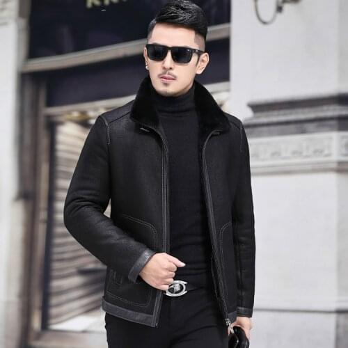 Winter New Shearling Mens Motorcycle Leather Sheepskin Jacket Fur Genuine Leather Clothes Coat Black Size M - 4XL