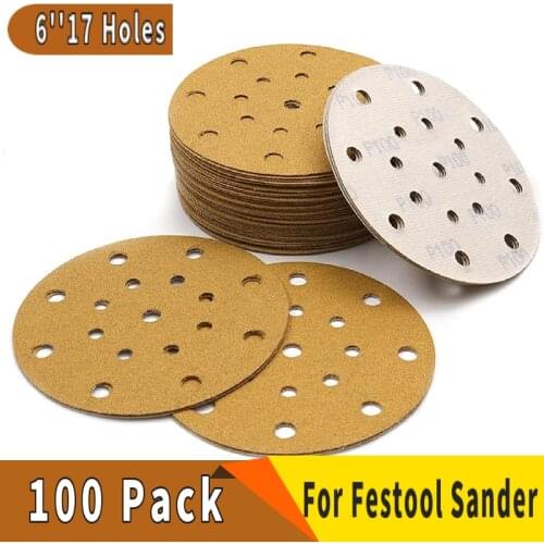100PCS 6 Inch 17 Holes Hook and Loop Golden Abrasive Paper Automotive Sandpaper for Polishing and Grinding