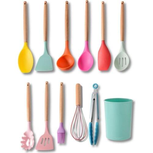 12Pcs/Set Non-Stick Heat resistant Silicone Lightweight Durable Spatula Shovel with Wooden Handle Easy Clean Cooking Utensils