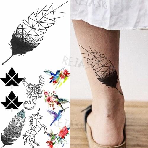 3D Geometric Feather Fashion Temporary Tattoos For Women Men Hummingbird Scorpion Unicorn Fake Tattoo Wrist Feet Washable Tatoos