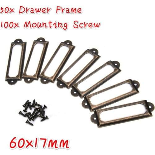 50Pcs Antique Brass Metal Label Pull Frame Handle File Name Card Holder Furniture Hardware For Furniture Cabinet Drawer Box Case