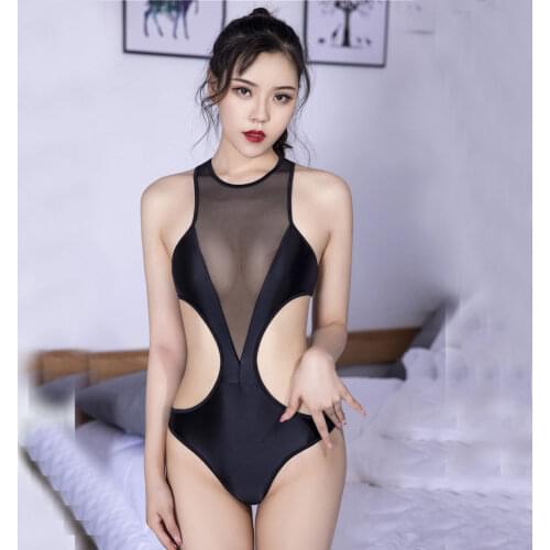 Oil Shiny Lingerie Bodysuit Mesh Patchwork See Through Body Women Sexy High Cut Thong Tight Leotard Slip Corset Bodysuit