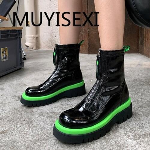 5cm med heel front zipper genuine leather waterproof med heel handsome punk rock design quality preppy style boots YT18 MUYISEXI