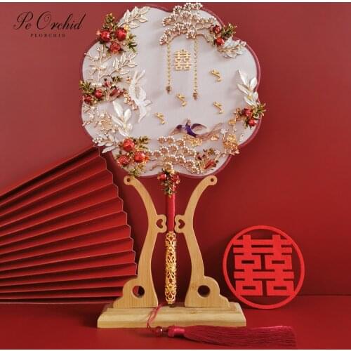 PEORCHID Brooch Wedding Fan Bouquets Handmade Bride Hand Held Fan Hanfu Photo Props Chinese Ancient Bridal Accessories Gifts
