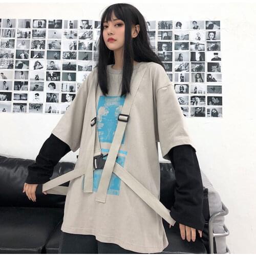 Women Fake Two Pieces Buckle Strap Patch T-shirt Harajuku Girl Black Beige Street T Shirt Autumn Long Sleeve Print Gothic Top