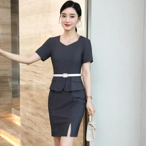 IZICFLY New Summer Style Slim Gray Dresses Women Business Short Sleeve Office Novelty Salon Work Wear Plus Size-No Belt
