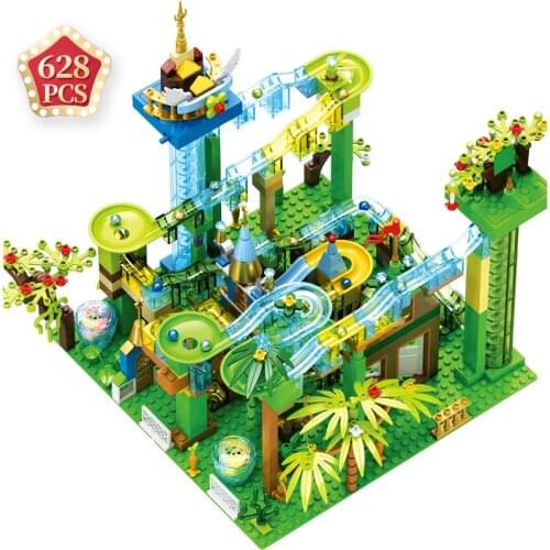 Running Ball Guide Jurassic Dinosaur Building Blocks Animal Creator Electric Track Bricks Toys Kit for Children Birthday