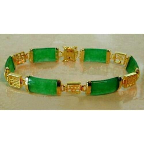 Fashion jewelry Natural Emerald Green Jade 18KGP Fortune Longevity Luck Link Bracelet 7.5"