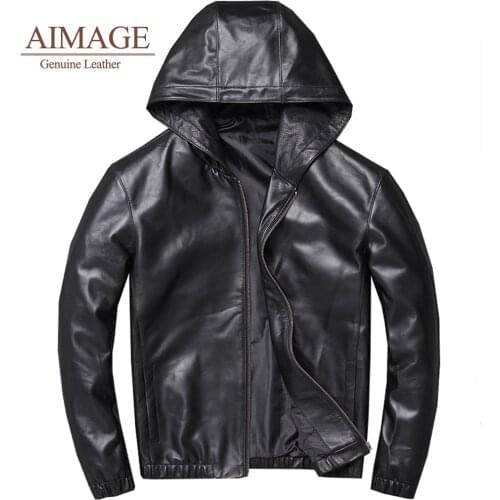 Mens hooded motorcycle jacket New first layer sheepskin leather Jacket casual hooded leather coat man homme парка мужская