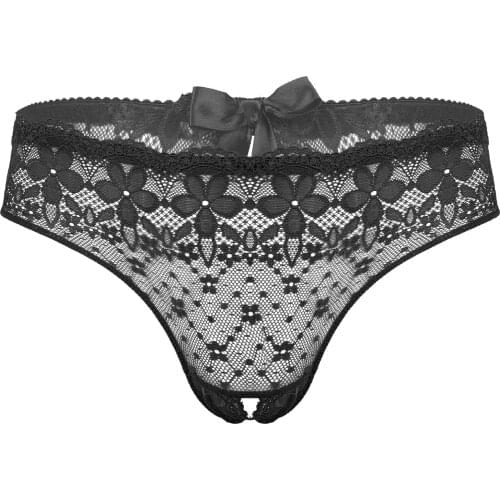 Mens Erotic Sexy Crotchless Briefs Flower Pattern Lace Bowknot Low Rise Lingerie Hot Gay Underwear See-through Sissy Underpants