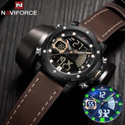 NAVIFORCE Men‘s Led Digital Watches Military Sport Luminous Dual Time Week Display Leather Waterproof Watches Relogio Masculino