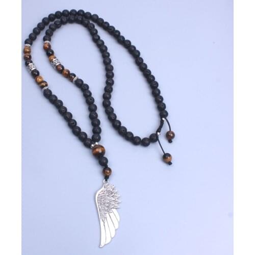 Men Necklace Tiger Eye Stone With Lava Stone Long Necklace Metal Wing Pendant Necklace Steampunk Jewelry