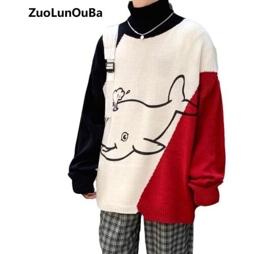Zuolunouba Winter Sweater Men Trend Loose Personality Sweater High Neck Couple Casual All-match Cartoon Boys Pullover Sweater