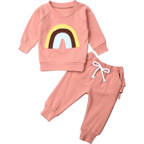 NEW 2020 Autumn Kid Baby Girl Clothes Rainbow Long Sleeve Tops+Ruffle Pants Outfit 2PCS Set