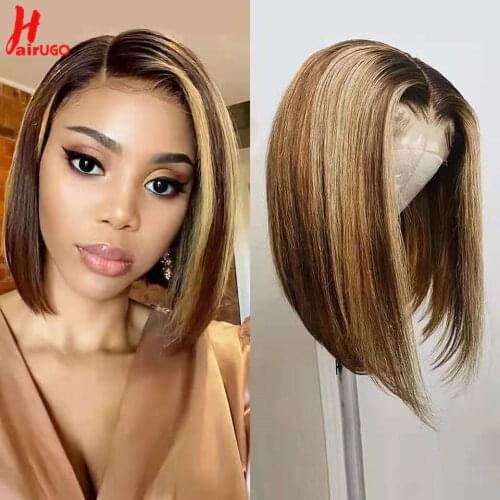 P4/27 Highlight Bob Lace Closure Wig Ombre Brazilian Straight T Part Lace Wig Pre Plucked Human Hair Wigs 150% Remy Hair HairUGo