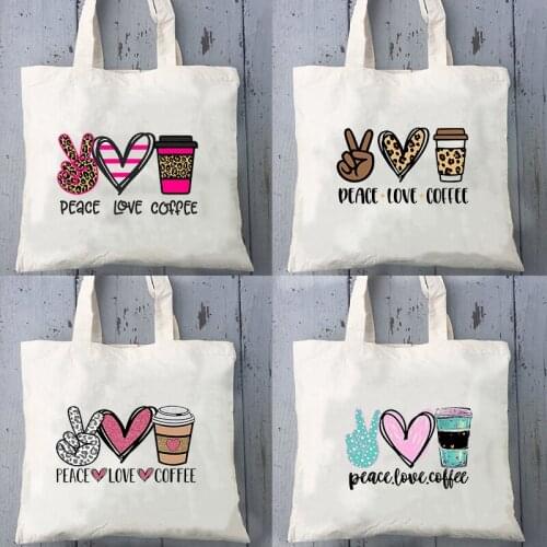 Peace Love Coffee Print Canvas Bag Shopper Bag Harajuku High Capacity College Style Women Bags Classic Vintage Shoulder Bag Tote