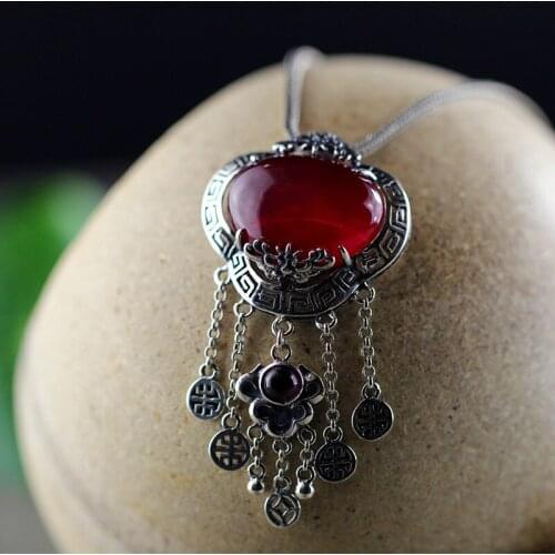 S925 Sterling Silver Red Pomegranate Yellow Chalcedony Single Pendant Thai Silver Ruyi Lock Jewelry New