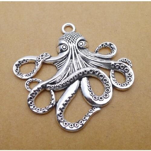 2 pieces/lot 54*57mm Antique silver color Metal Alloy Big octopus Charm Bracelet Necklace Pendant Key chain DIY accessory