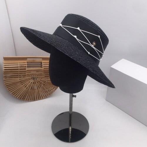 Summer new straw flat-topped wide-brim sunhat sunscreen hat black hand hat female beach holiday by the sea
