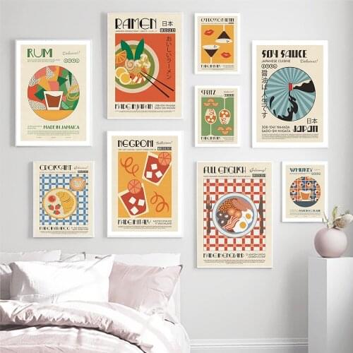 Modern Kitchen Decor Japanese Korean Foods Posters Drinks Rum Ramen Cartoon Canvas Painting Retro Bar Wall Art Print Pictures