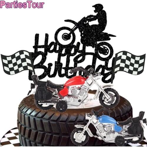 Race Theme Party Cake Decor Black Flash Happy Birthday Cake Toppers Bike Motocross Cupcake Toppers Sports Theme Cake Supplies
