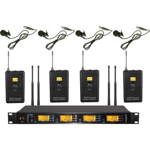 UHF 4 Channel Wireless Microphone System 4 Lavalier Microphone Cordless mic Set Professional PLL FOr School Meeting Stage Church