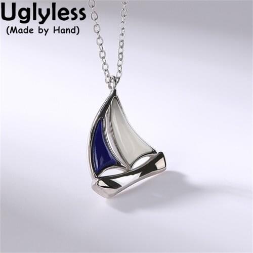 Uglyless Sailing Creative Boat Necklaces for Women Natural Jade Lapis Sailboat Pendants Glossy 925 Sterling Silver Jewelry+Chain