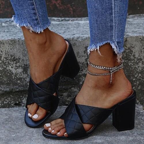 Women Sandals Summer High Heels Shoes Woman Slip On Cross PU Leather Plus Size Gladiator Female Sandalias Mujer Sapato Feminino