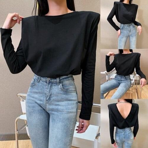 Sexy Open Back Womens Shirts Black Round Neck Chain Personalized Pullover High Street Style Autumn Fashion Clothes